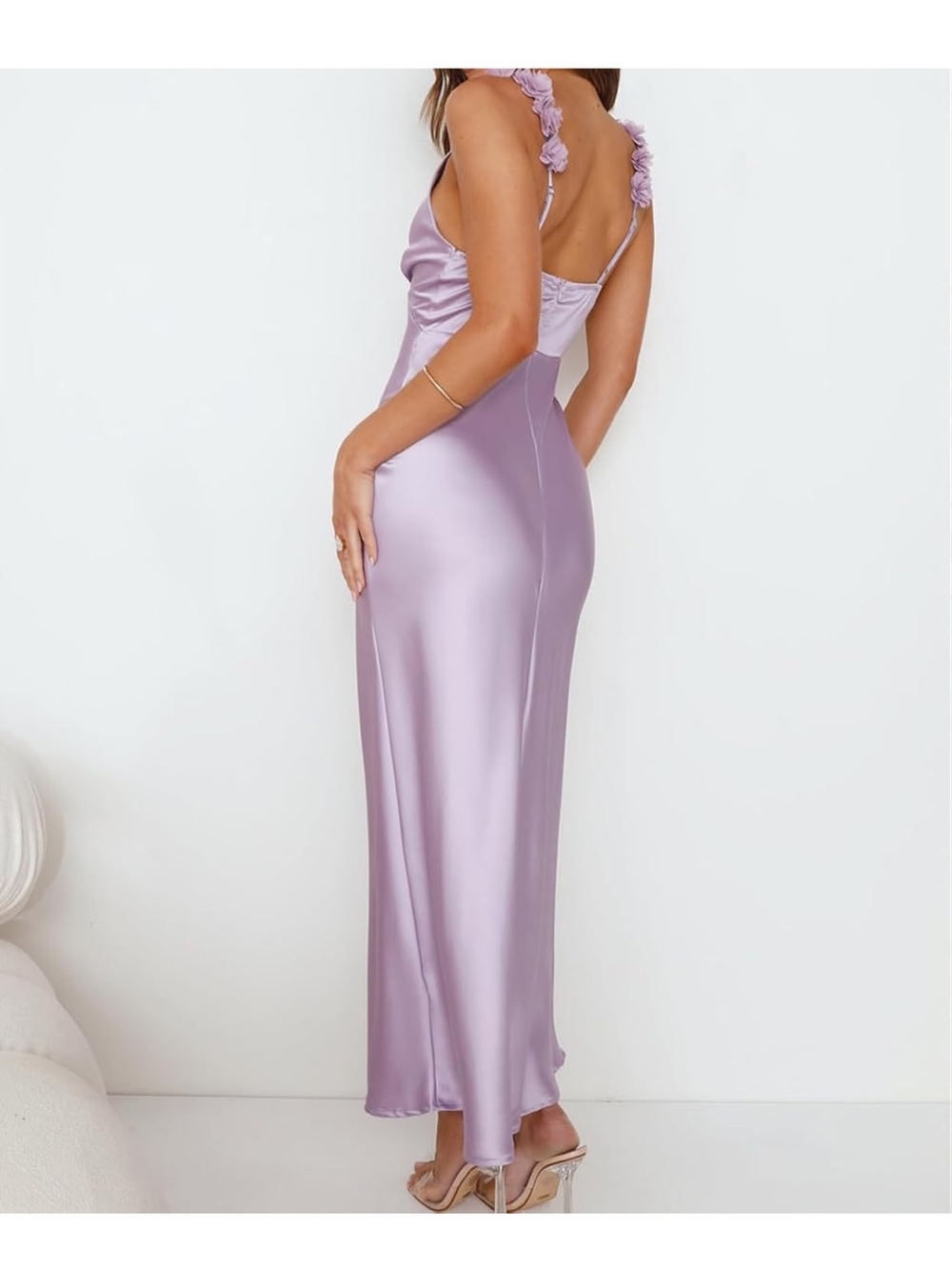 Lilac Satin Slip Dress with Floral Straps Size Small